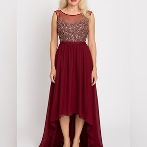 Cinderella Divine Burgundy Hi-Low Prom Dress 16 Beaded Sequins Formal Gown
✨